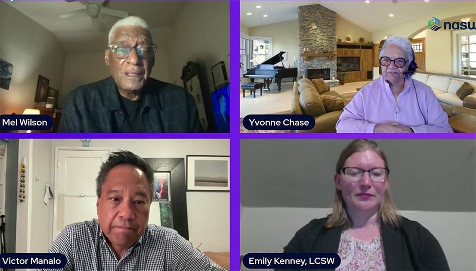 screenshot of four panelists - Mel Wilson, Yvonne Chase, Victor Manalo, Emily Kenney LCSW